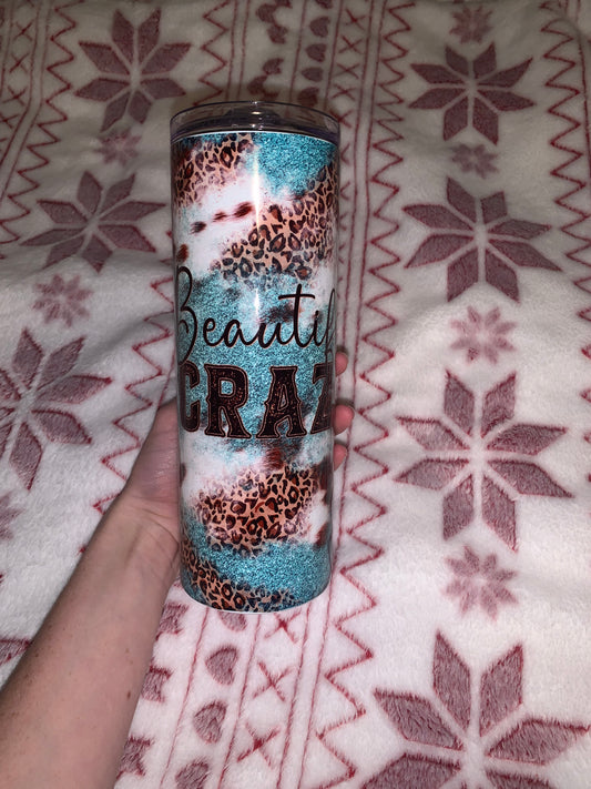 Teal and leopard cowhide tumbler